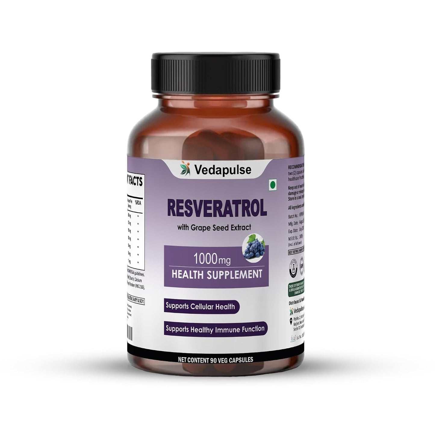Resveratrol 1000mg with Grape Seed, Milk Thistle, Quercetin, NAC, Turmeric & Black Pepper – 90 Veg Capsules | Antioxidant & Heart Health Support | Health Supplement