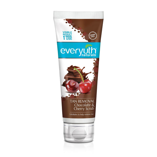Tube of everyuth naturals Tan Removal Chocolate & Cherry Scrub on a white background