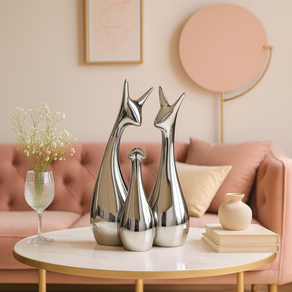 Home Decor Lucky Silver Deer Statue Family Ceramic Figures - (Set of 3, Silver Set)