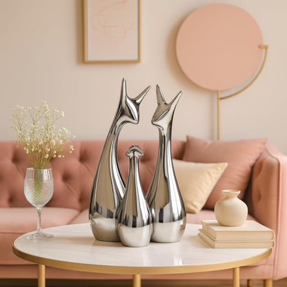 Home Decor Lucky Silver Deer Statue Family Ceramic Figures - (Set of 3, Silver Set)