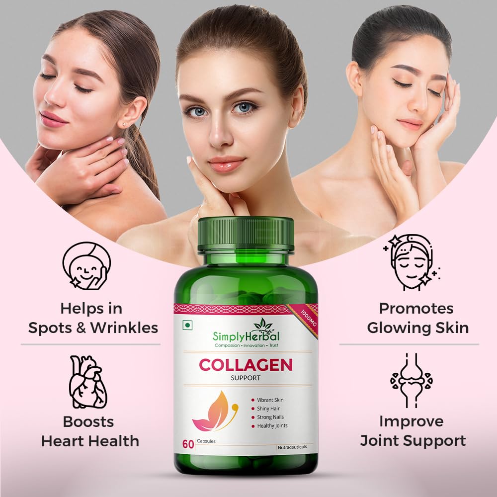 Simply Herbal Collagen Builder 1000mg with Biotin & Vitamin C for Hair Skin, & Nails, Plant-Based Supplement for Women & Men (60 Capsules)