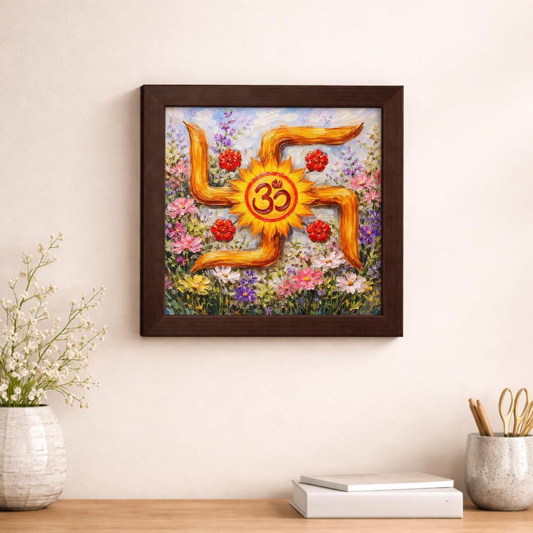 Swastik Om Floral Vastu Sacred Hindu Spiritual Mandir Religious Auspicious Traditional Indian Framed Poster Artwork Decor Painting