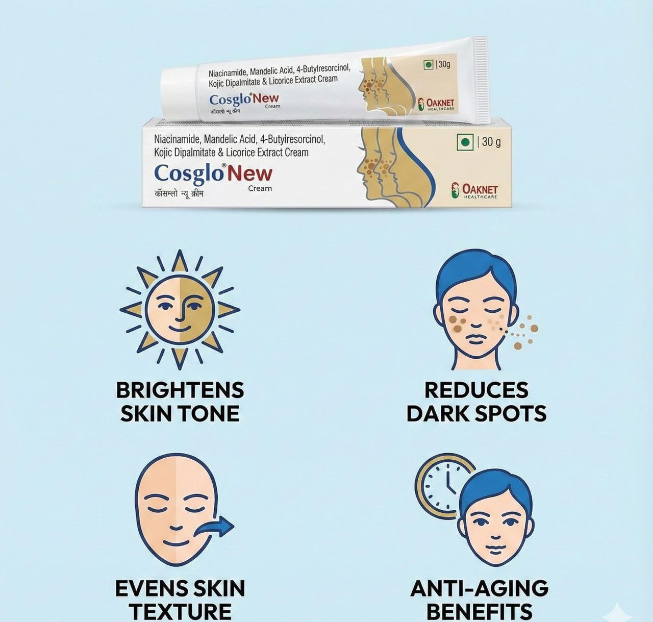 Cosglow Skin Lightening Cream | UV Protection, Anti-Acne Mark, Soothing Skin Tone Corrector (30g, Pack of 1)