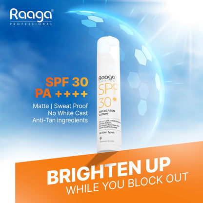 Raaga Professional sunscreen lotion with SPF 50 on a blue and orange background