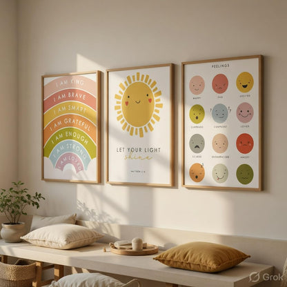 Kids Motivational Nursery Wall Painting Set of 3 with Wooden Frames | Rainbow Affirmation Sun Feelings Chart Kids Room Wall Art | HD Sparkle Printed MDF Nursery Wall Decor