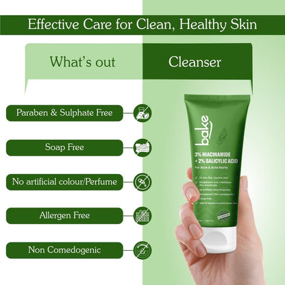 BAKE 2% Salicylic Acid & 3% Niacinamide Face Wash for Oily, Acne-Prone Skin | Treats Active Breakouts & Fades Marks & Dark Spots | Daily Anti-Acne Cleanser - 100ml