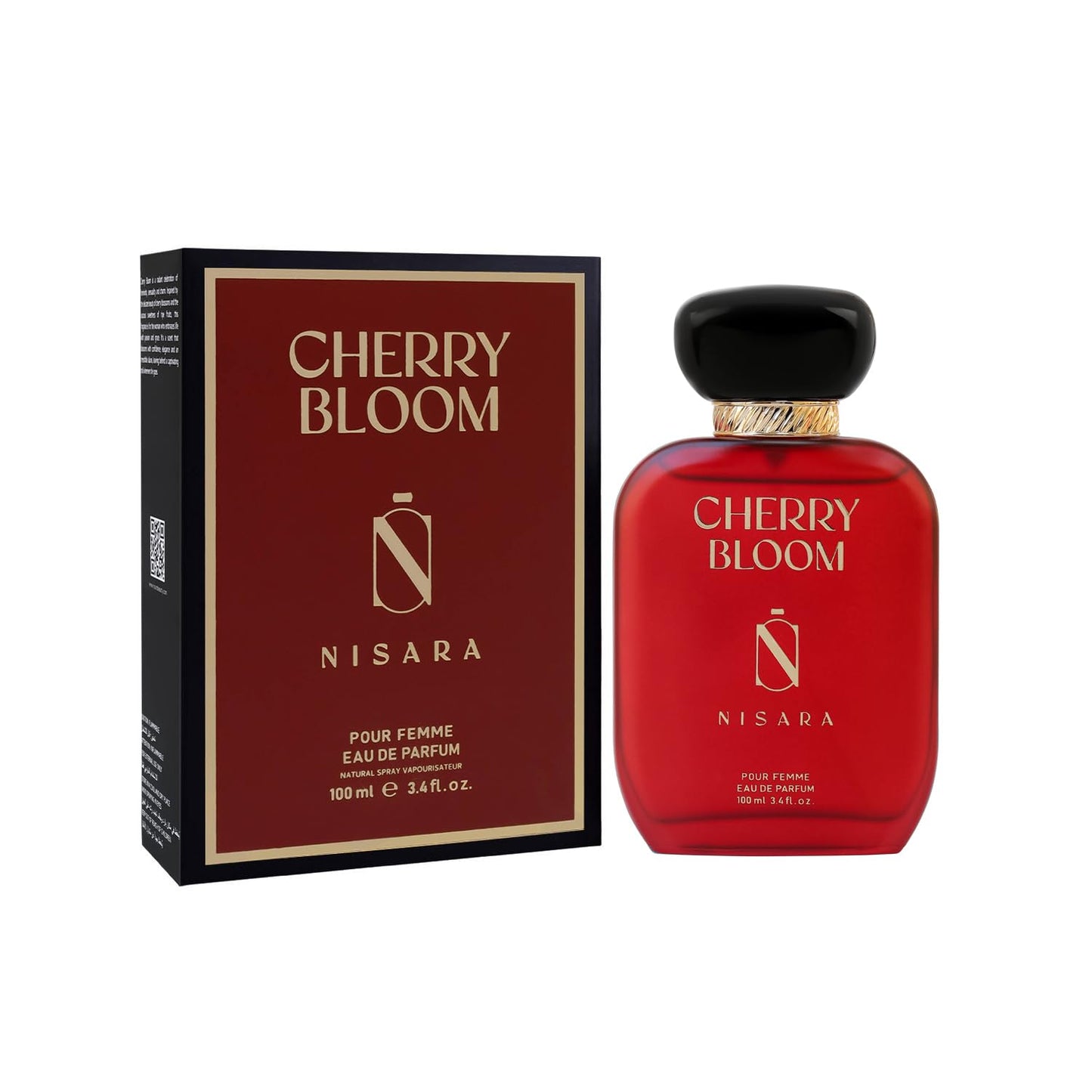 Cherry Bloom Nisara perfume bottle and packaging on a white background