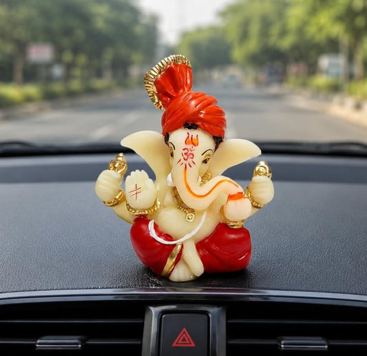 Gold Art India Ganesha Idol for Car Dashboard Red & Orange 2x2.5in