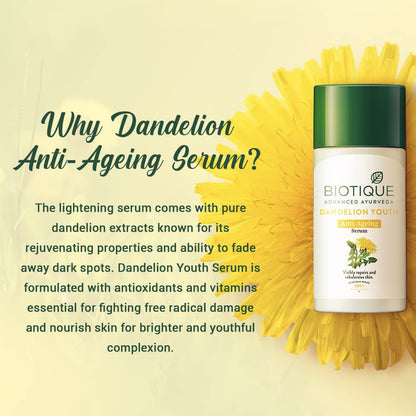 Biotique Dandelion Anti-Ageing Serum with dandelion flower on a light yellow background