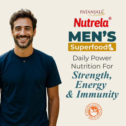 Nutrela Men Superfoods With Whey Protein Powder - 400g, Vanilla Flavor | Everyday Fitness with Biofermented Multivitamins & Whey Protein to support in Bone & Joints Health , Muscle , Heart , Hair & Nails , Ednergy Booster and Mood Stabilizer
