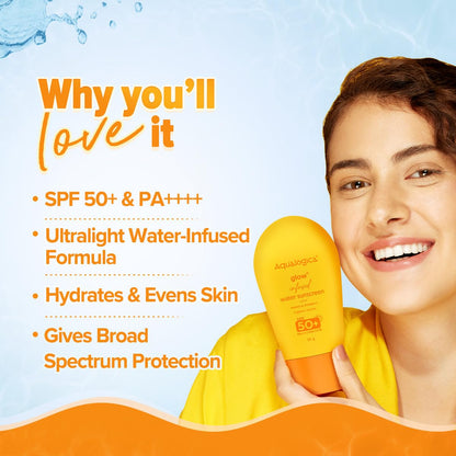 Aqualogica Glow+ Infused Water Sunscreen For All Skin Types Spf 50+ Pa++++ With Papaya&Vitamin C|Gives Glowing&Hydrated Skin|Lightweight,Hydrating & No White Cast - 50G,Pack Of 1