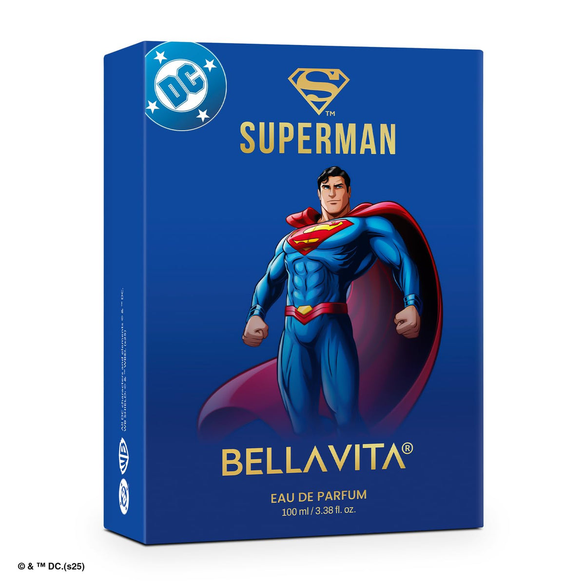 Superman-themed Bellavita eau de parfum packaging on a white background