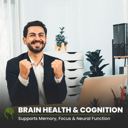 Man in a professional setting with text about brain health and cognition