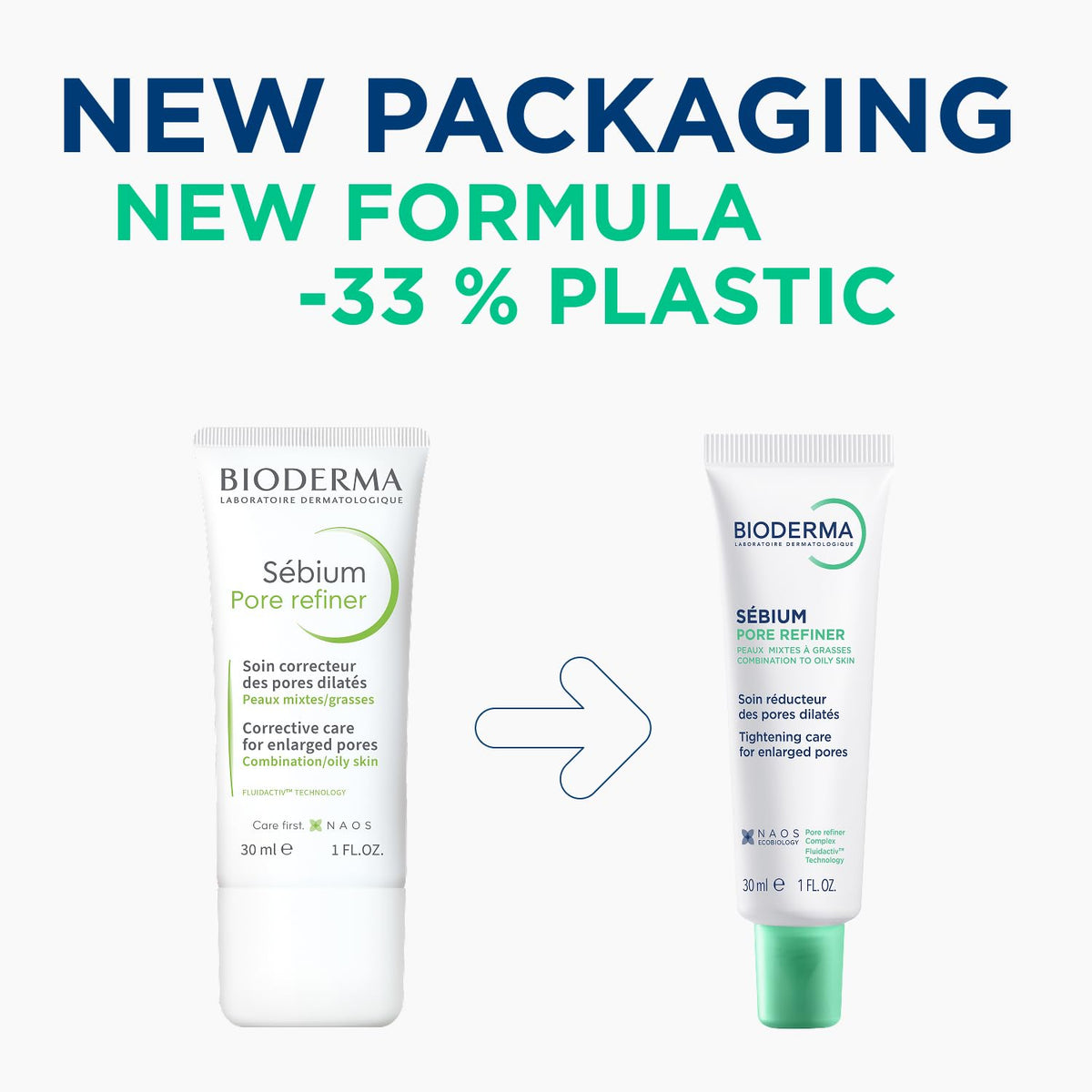 Bioderma skincare product with text about new packaging and formula
