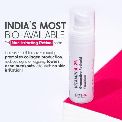 Cos-IQ 2% Vitamin A Granactive Retinoid Emulsion Face Serum | Vit-A Anti Ageing Night Cream Serum for Wrinkles, Fine Lines & Acne | For Women & Men | 30ml