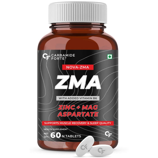 Bottle of ZMA supplement with added vitamin B6, featuring Carbamide Forte branding.