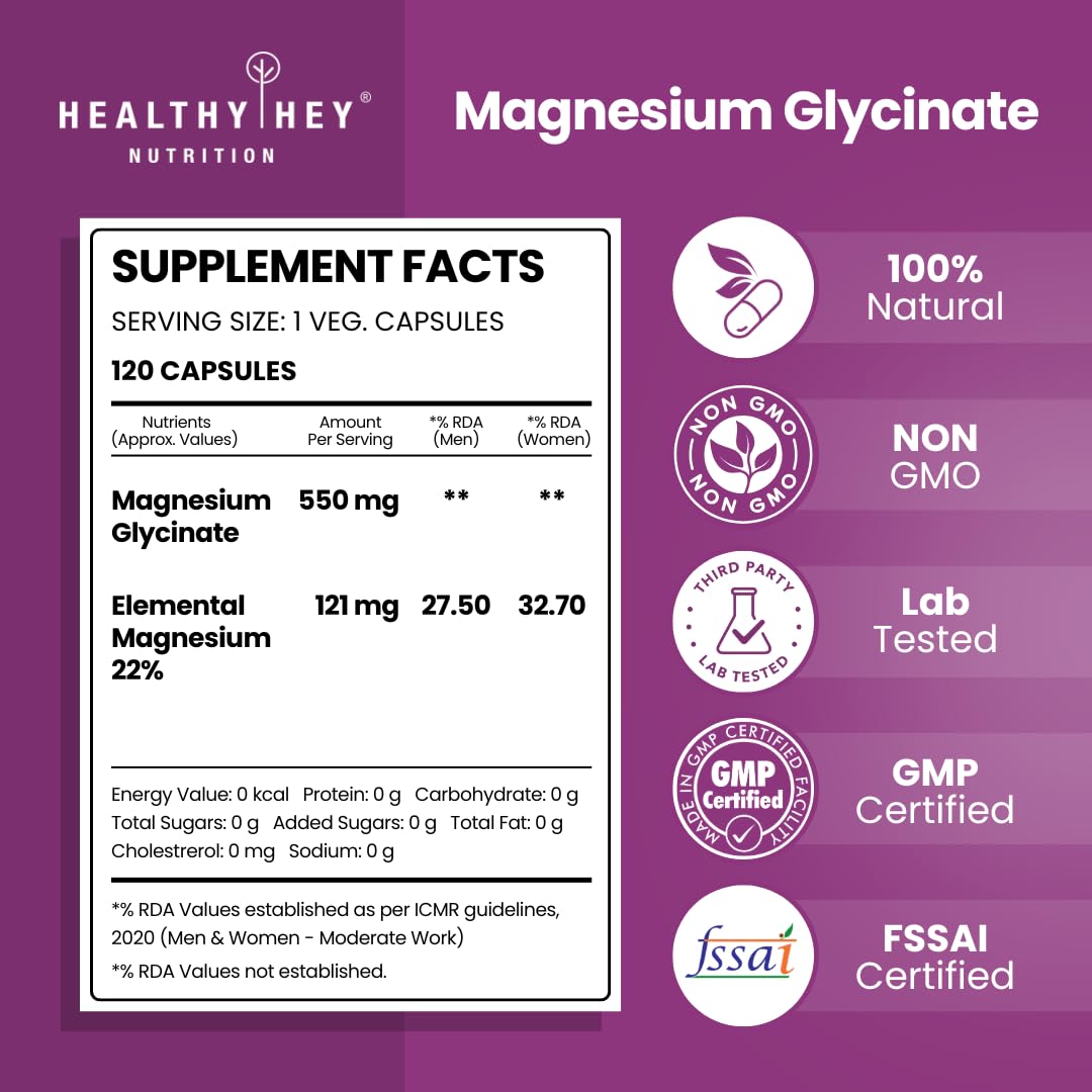 HealthyHey Nutrition Magnesium Glycinate Supplement High Absorption for Sleep, Cramps, & Nerves Health -120 Vegetable Capsules
