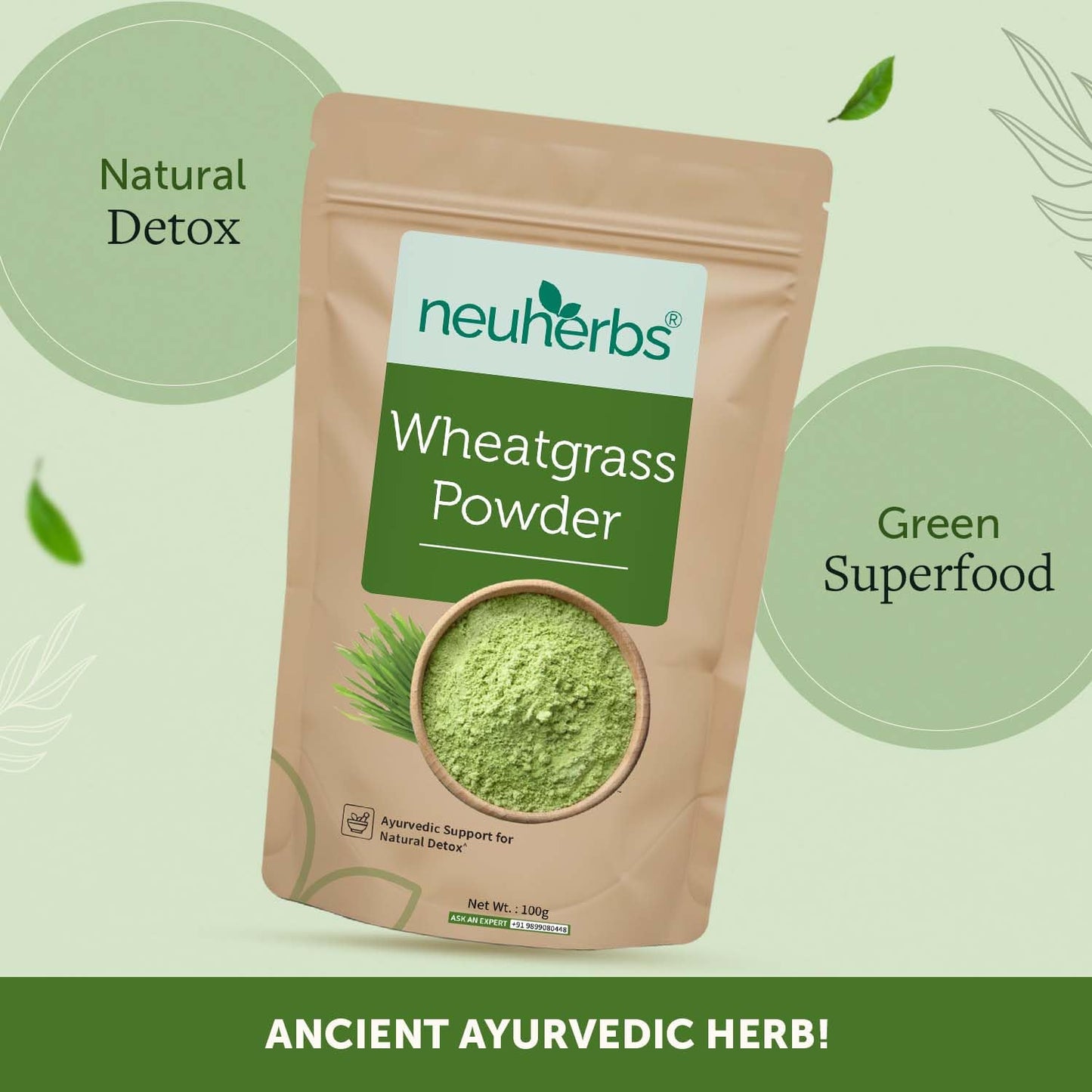 Neuherbs Wheatgrass Powder - 100g | Wheat Grass Powder | Ayurvedic Support For Natural Detox & Boost Immunity | 100% Pure & Natural With No Added Preservatives