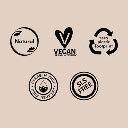 Set of eco-friendly product certification logos on a beige background