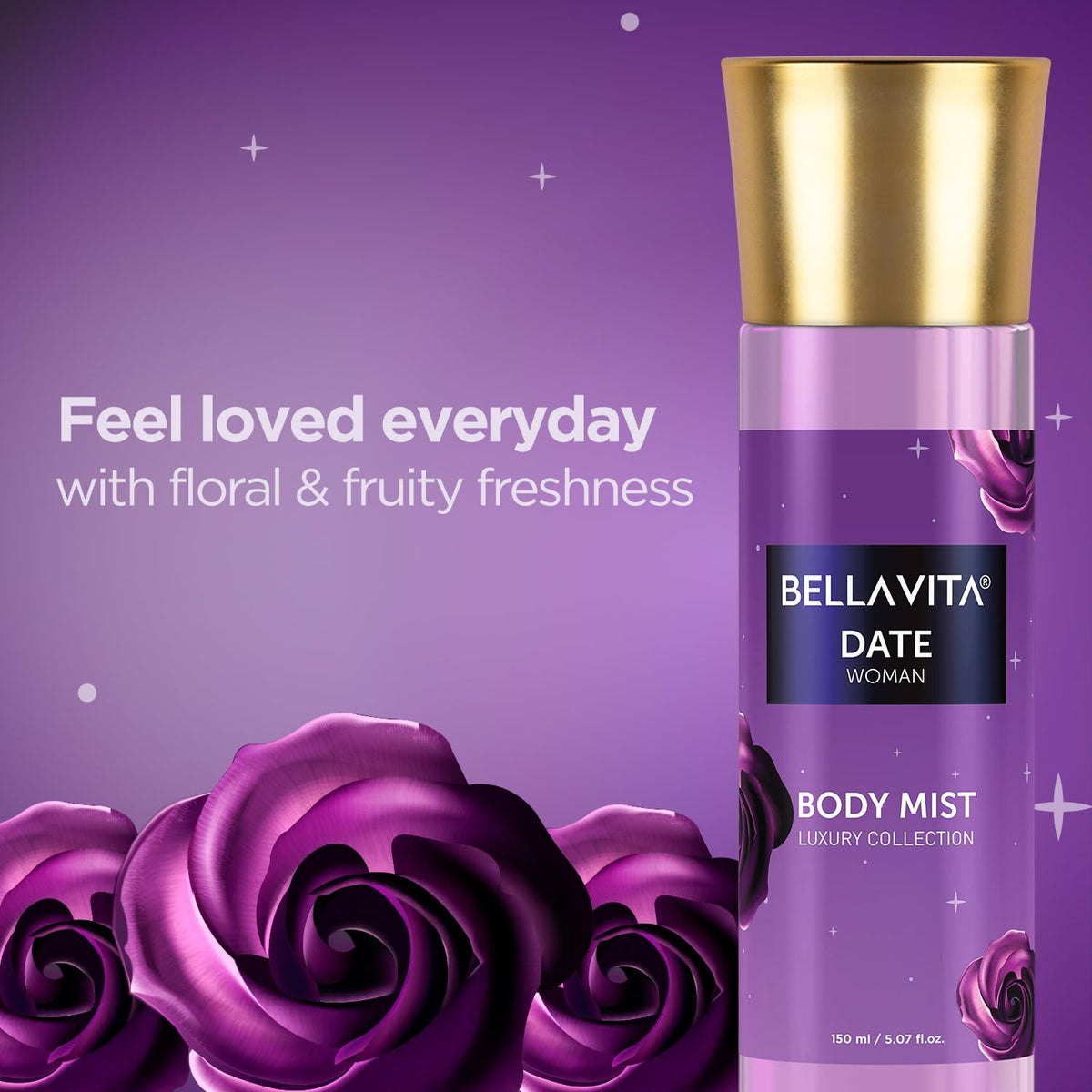 BellaVita Date Woman body mist bottle with purple roses on a purple background
