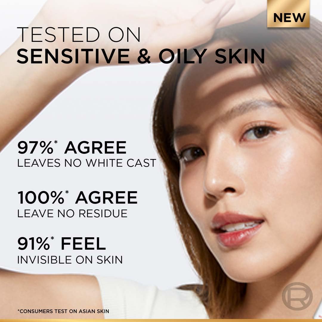 Advertisement for a skincare product with a woman's face and text about skin test results.