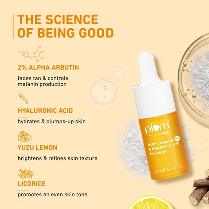 Plum 2% Alpha Arbutin & Hyaluronic Acid Face Serum | Fades Tan | Brightens Skin | Controls Melanin Production | with Yuzu Lemon & Licorice | Fragrance-Free | 100% Vegan | 10 ml