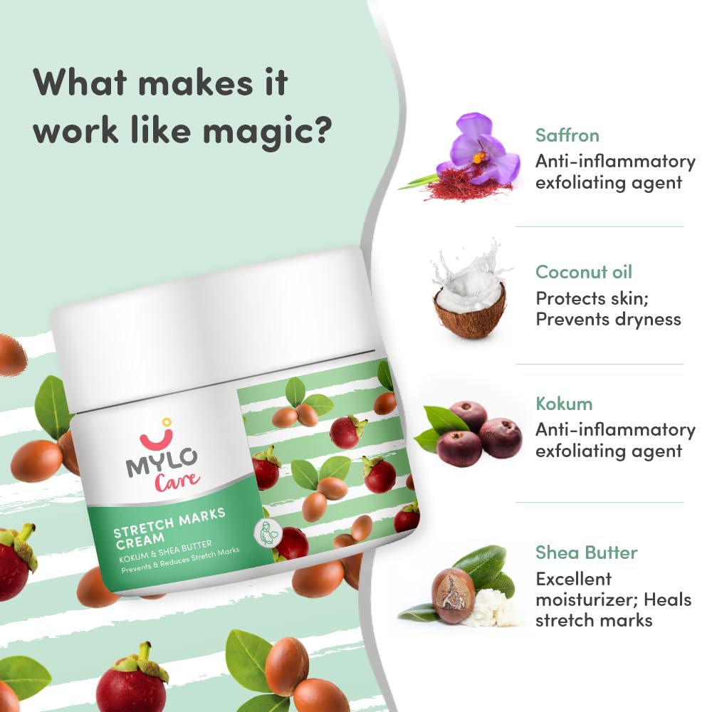 Mylo Care Stretch Marks Cream for Pregnancy with the Goodness of Shea Butter, Saffron, Kokum Butter and Aloe Vera, Australia Certified Toxin Free, No Mineral Oils - 100ml