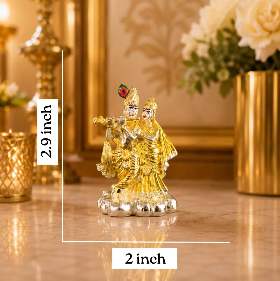 Gold Art India 999 Silver Plated & 24K Gold Plated Radha Krishna Idol with Luxury Velvet Gift Box | 3.7 Inch Radhe Krishna Murti for Wedding Gift, Housewarming, Home Temple