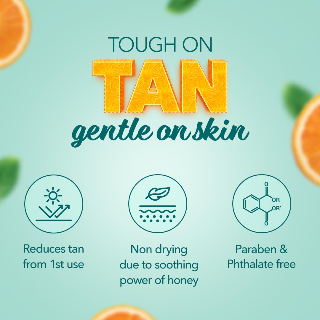 Product advertisement with text 'Tough on Tan, Gentle on Skin' and icons indicating benefits on a light blue background.