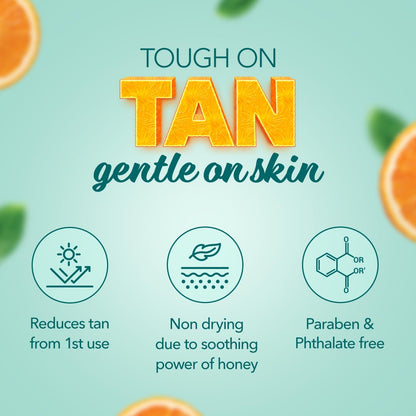 Product advertisement with text 'Tough on Tan, Gentle on Skin' and icons indicating benefits on a light blue background.