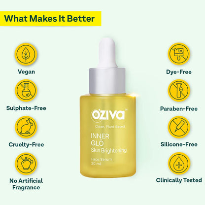 OZiva Inner Glo Skin Brightening Face Serum, Skin Brightening Serum For Even Tone & Increased Radiance With Phyto Vitamin C, Rosehip Oil & Saffron, Face Serum For All Skin Types, 30ml