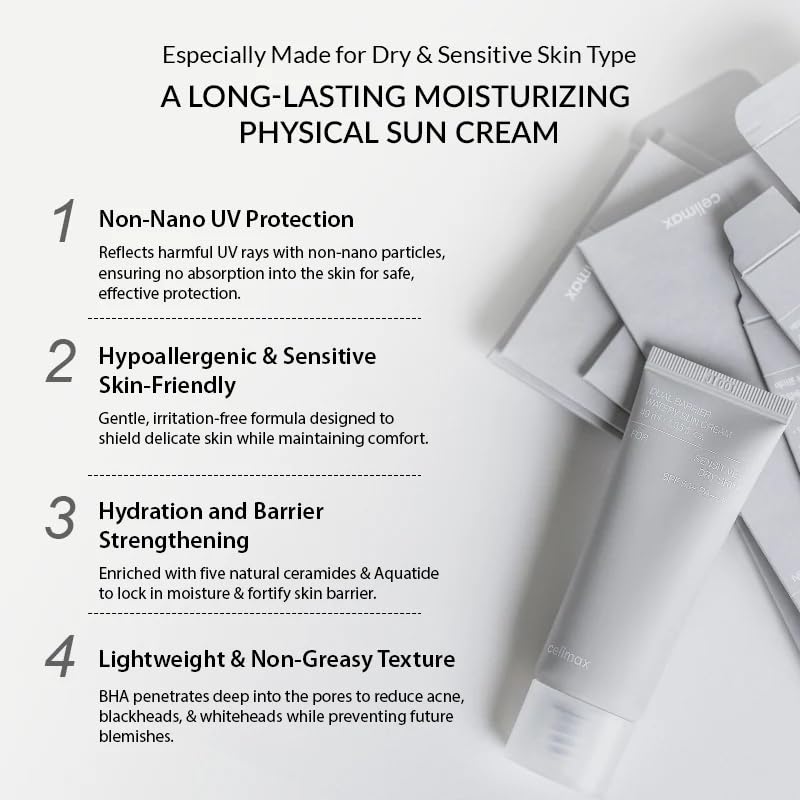 celimax Dual Barrier Watery Sun Cream SPF50+ PA++++ (40ml) Korean Sunscreen with Barrier-Strengthening Ceramides & Hyaluronic Acid, Daily Hydrating, Non-Greasy & Invisible Finish, UVA/UVB Sun Protection for All Skin Types