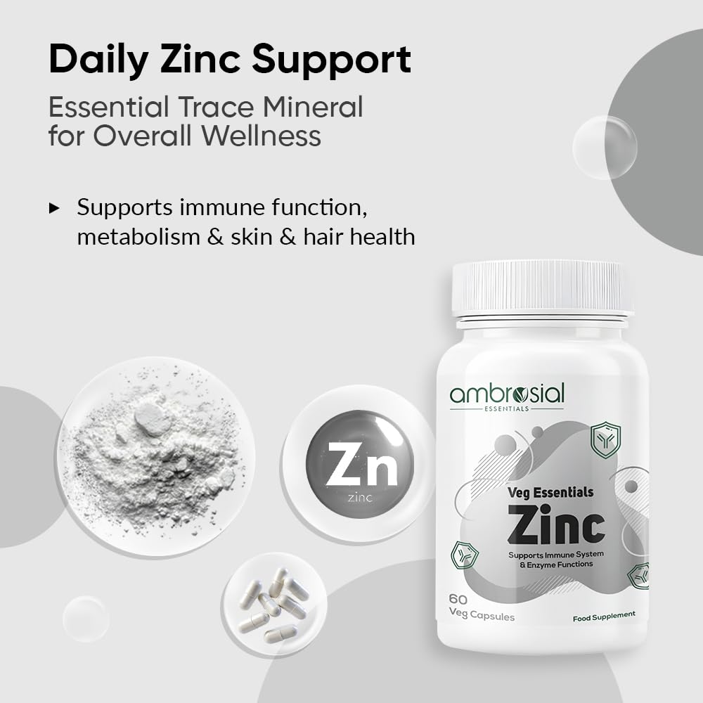 Ambrosial Zinc supplement bottle with text about daily zinc support on a light gray background