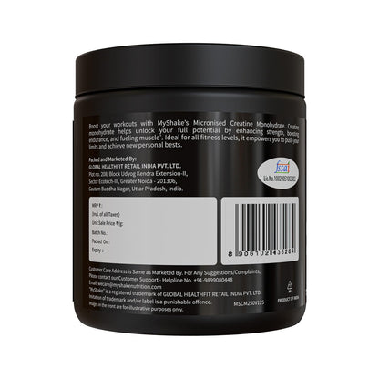 MyShake Micronised Creatine Powder - 250gm (83 Servings) | 3g Creatine Monohydrate Per Serve | Rapid Absorption, Boost Strength & Fuels Muscle | Supports Athletic Performance & Power