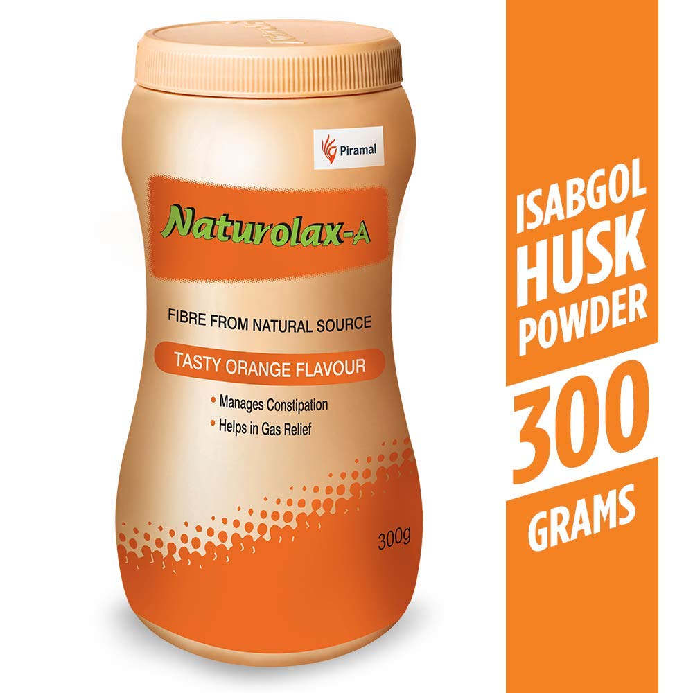 Naturolax-A Isabgol Husk Powder container with orange label on a white background