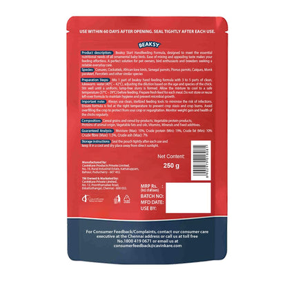 BEAKSY Start Hand Feeding Formula for Baby Birds | for Conures, Cockatiels & Love Birds | Promotes Weight Gain, Vibrant Feathers & Easy Digestion (250gm)
