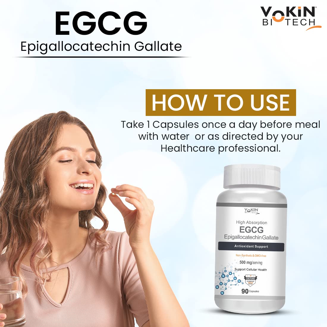 Vakin Biotech EGCG supplement bottle with a woman taking a pill and water, on a light blue background.