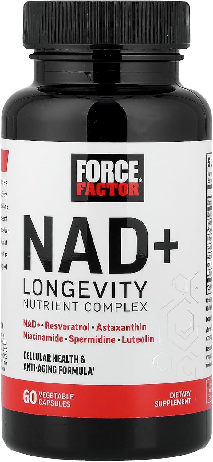 Force Factor NAD+ Longevity Nutrient Complex supplement bottle on a white background