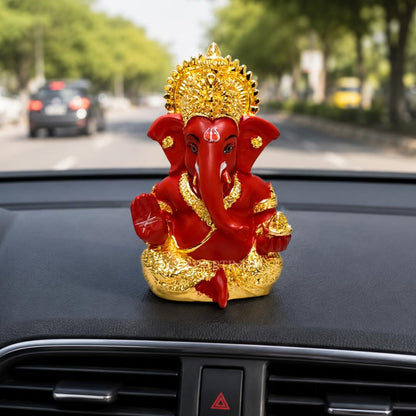 Gold Art India Ganesh Idol for Car Dashboard Ganesha Murti Ganpati Idol for Home Decor Puja Lord Ganesh Statue Gift for Office Desk Puja Room Figurine (Gold and Red, 3 x 3), Ceramic, Idol