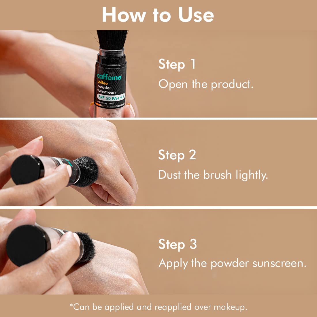 Instructions on how to use a powder sunscreen product with step-by-step guidance.