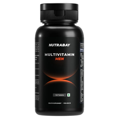 Black bottle of Nutrabay Multivitamin Men on a white background