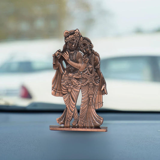 Big Radha Krishna Murli Idol for Car Dashboard – Copper Finish Krishna Radha Ji Statue Spiritual Decor for Home, Car & Office (S1007-CPR)