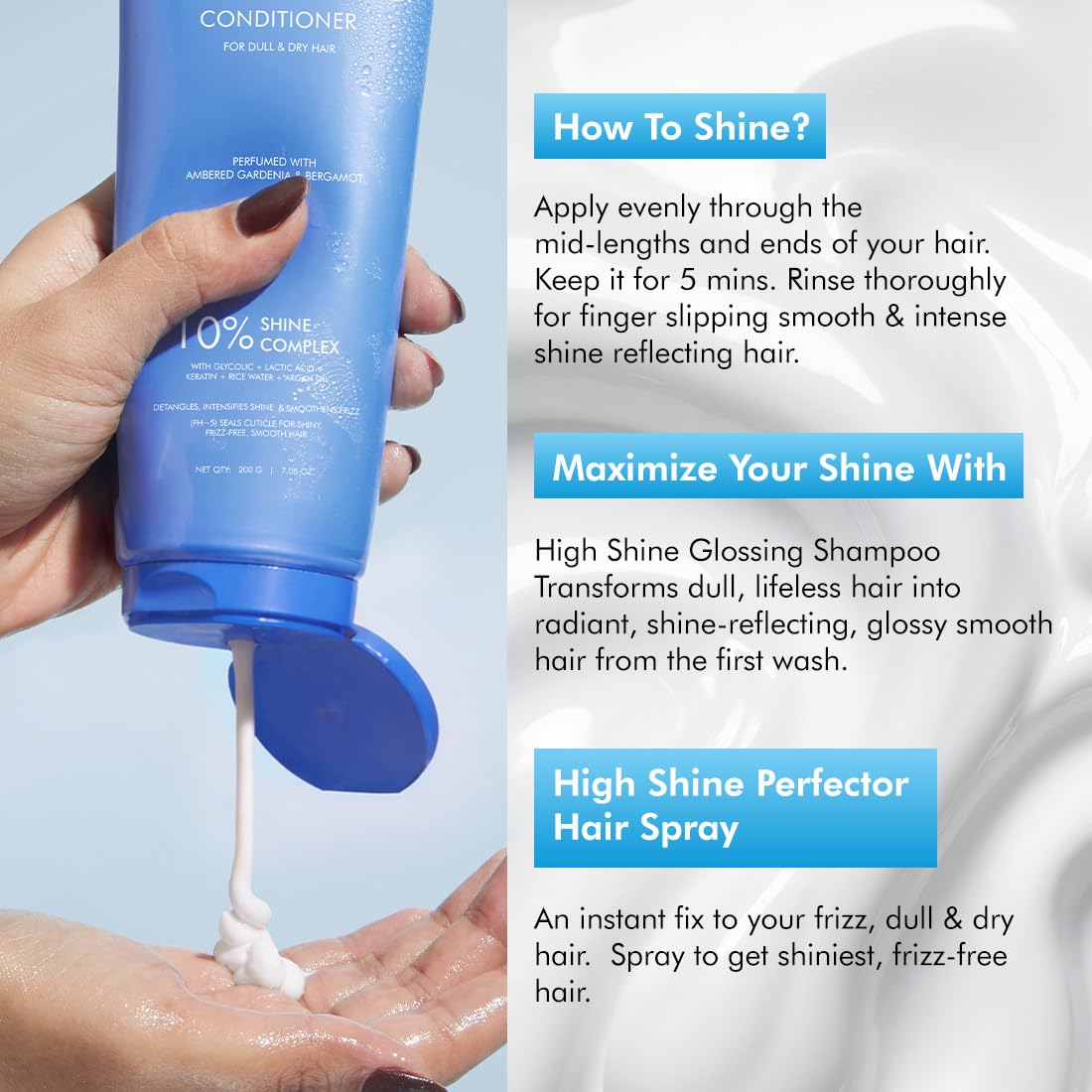 Blue conditioner bottle being held with product being poured into a hand, against a light blue background.