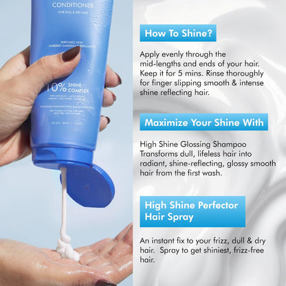 Blue conditioner bottle being held with product being poured into a hand, against a light blue background.