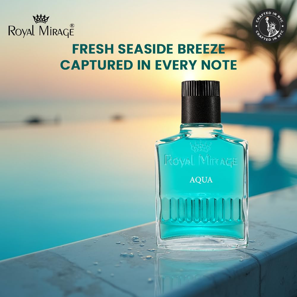 Blue perfume bottle labeled 'Royal Mirage Aqua' with a scenic background.