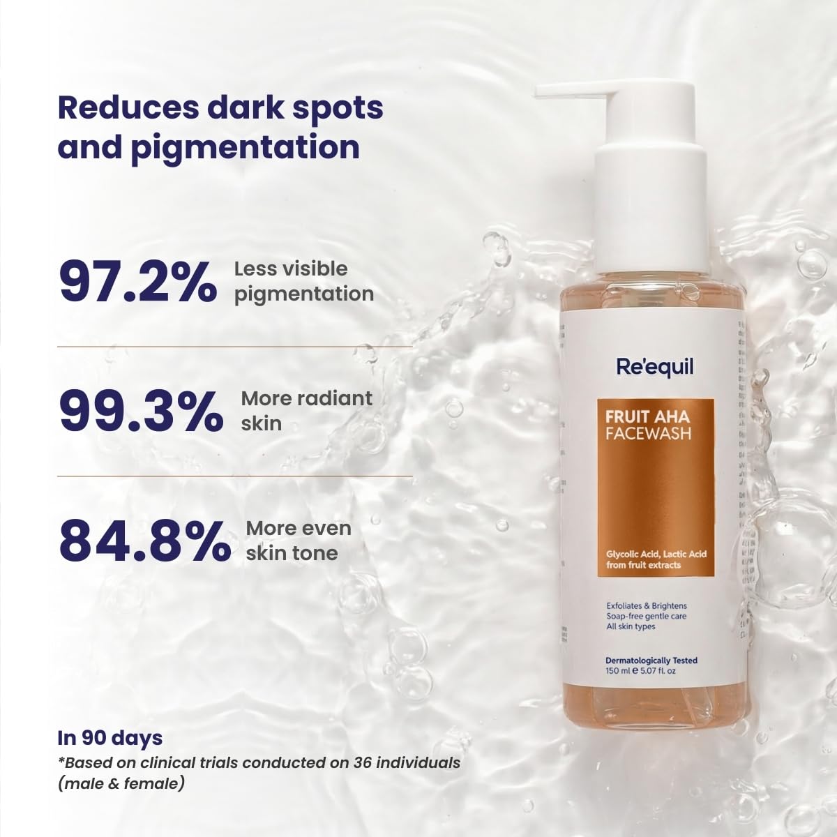 Re'equil Fruit AHA Facewash bottle with skincare benefits on a textured white background