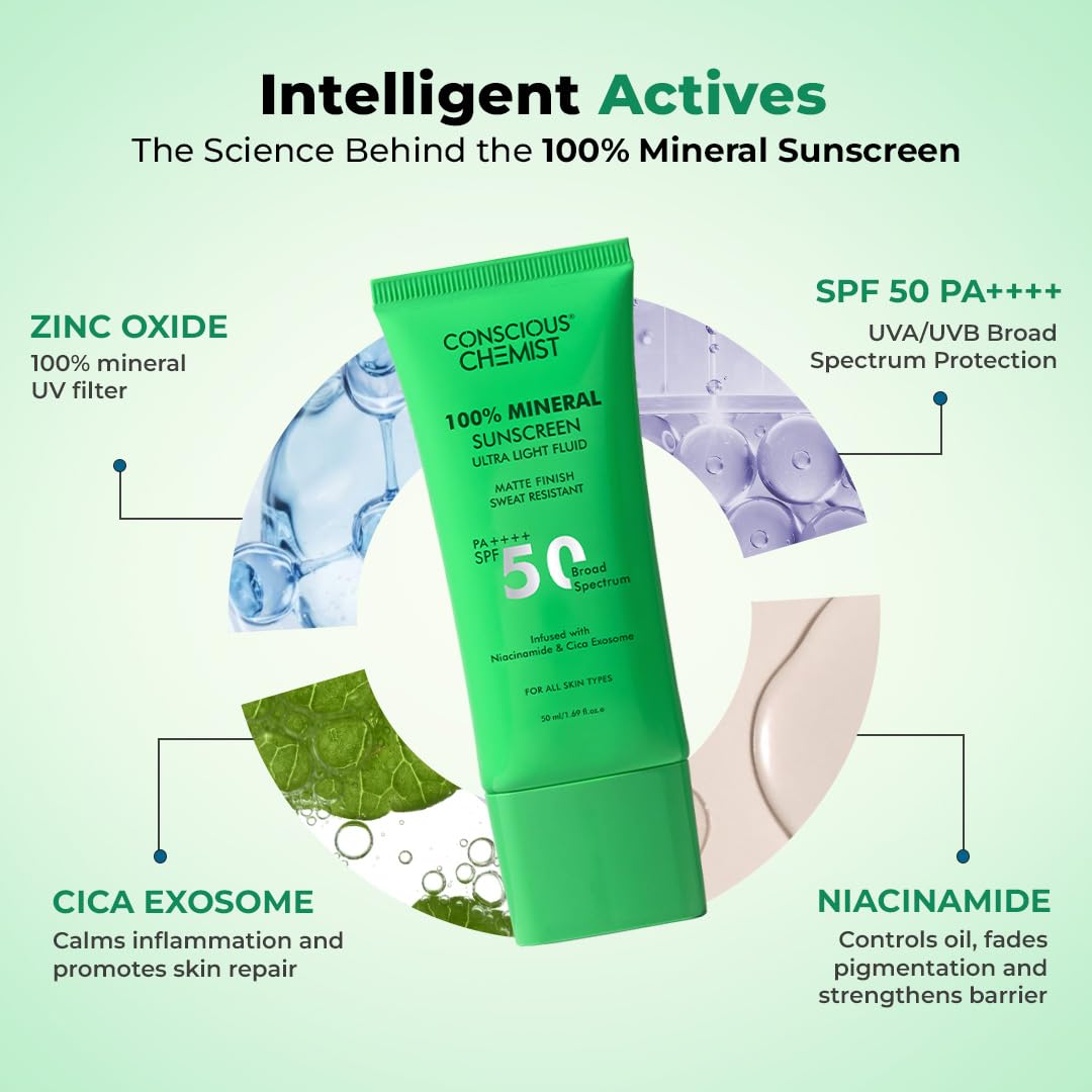 Green sunscreen tube with text detailing its ingredients and benefits on a light green background