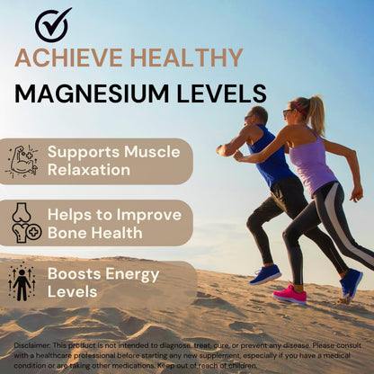 Two people running on a beach with text about achieving healthy magnesium levels.