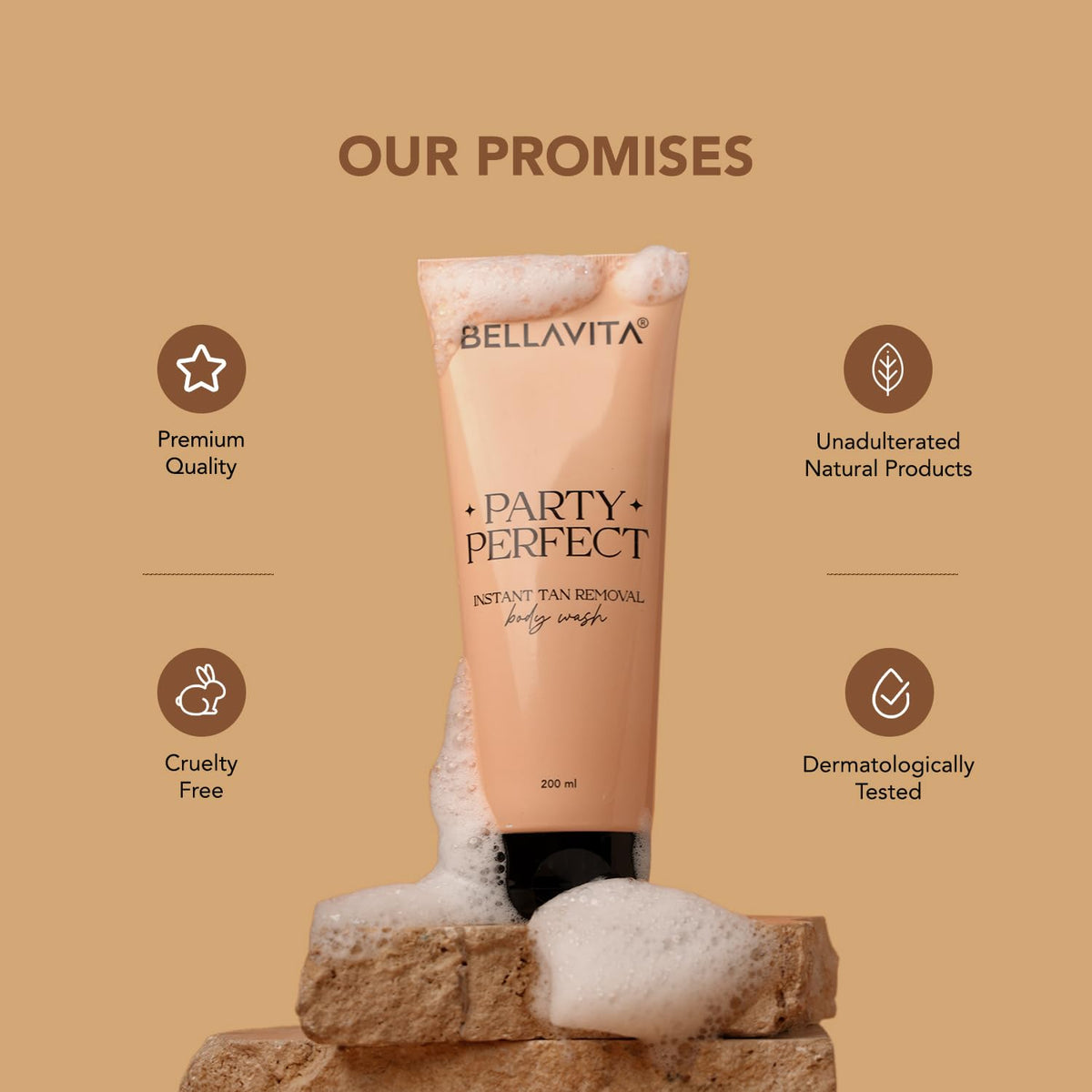 Bellavita Party Perfect body wash tube on a beige background with brand promises listed.