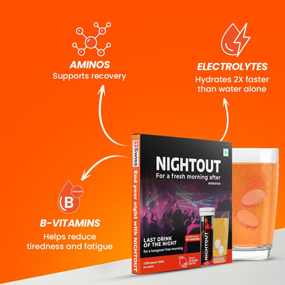 Fast&Up NightOut | 4 Effervescent tabs | Instant Hangover Relief | Helps detoxify liver | Rapid hydration & energy | Helps prevent Hangover | Zero sugar | Orange Flavour